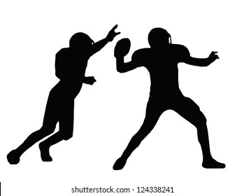 Silhouette American Football Quarterback Aiming to Throw with Defender Blocking