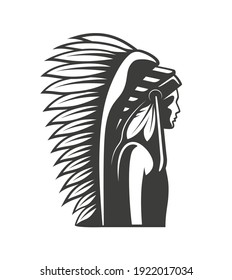 Silhouette of the American Indian. Design element. Native American profile isolated on white background. Vector illustration