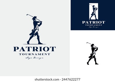 Silhouette of American Patriot Soldier swings a stick for Golf Club Sport Tournament logo design