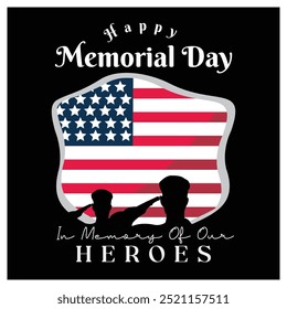 Silhouette of American soldiers saluting. American flag on a black background. Memorial Day concept. Flat vector illustration.
