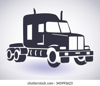 Silhouette of american truck isolated on orange background. 
Sketch style Freight transportation. Vector