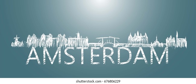 Silhouette Amsterdam city drawing with chalk. Green background
