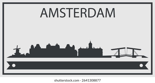  Silhouette of Amsterdam city skyline with minimalistic design in black and gray color scheme and decorative ribbon for text on the bottom. Vector on a gray background