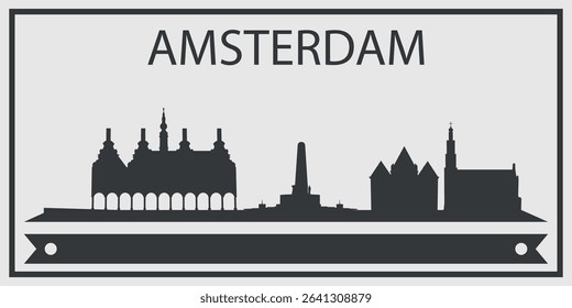  Silhouette of Amsterdam city skyline with minimalistic design in black and gray color scheme and decorative ribbon for text on the bottom. Vector on a gray background