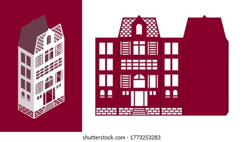 Silhouette of Amsterdam style paper houses lantern. Christmas LED light box template for laser cut. Buildings in old European fashion. Wood carving template. Scalable vector. Die paper cutout.