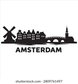 Silhouette of amsterdam with windmill, canal, and iconic architecture
