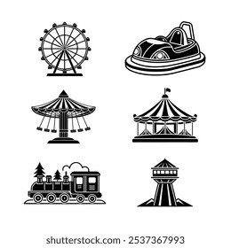 Silhouette of amusement park with different ride vector set art design illustration