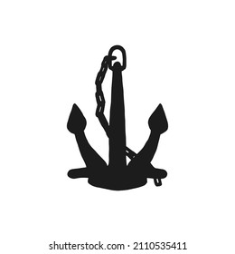 Silhouette of anchor with iron chain. Vector black white doodle sketch isolated illustration.