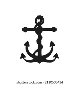 Silhouette of anchor with rope. Vector black white doodle sketch isolated illustration.