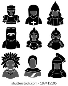 Silhouette ancient Asian and European warrior such as mongol, indian, knight, crusader, Templar, and chinese with plate mail armor icon collection set, create by vector 