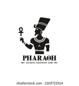 Silhouette of ancient egyptian god pharaoh, middle east king with crown and death symbol, Tutankhamun Logo Design