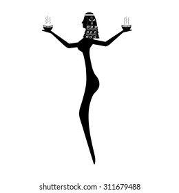 Silhouette of ancient Egyptian or oriental woman in a traditional headdress with two cups of hot drink