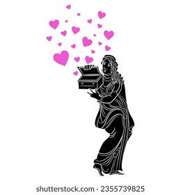 Silhouette of ancient Greek girl releasing pink heart symbols from open box. Pandora. Creative ethnic romantic design.