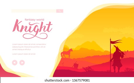 Silhouette of ancient medieval knight with flag and sword standing on battlefield. Battleground after fighting with horse, paladin, shield, arrows. Vector design for historical projects. Place 