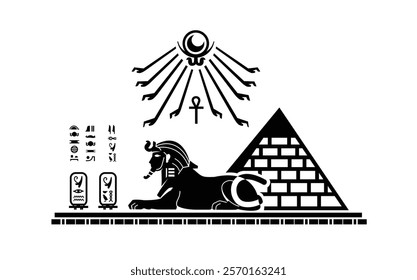 Silhouette of Ancient Middle Eastern Egyptian sphinx lion with pyramid and hieroglyphics