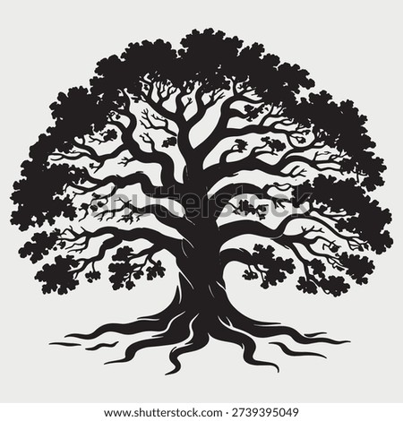 Silhouette of ancient oak tree, expansive branches, strong roots, symbol of endurance and wisdom, nature's grandeur, detailed dark illustration.