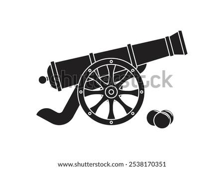 Silhouette of ancient pirate cannon vector flat design isolated on white background