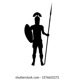 Silhouette of ancient roman warrior in helmet with shield and spear. Vector illustration isolated on white background.