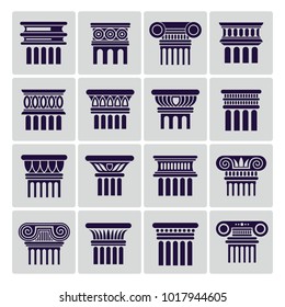 Silhouette ancient rome architecture column icons. Vector architectural column and architecture pillar pedestal illustration