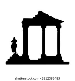 Silhouette of ancient ruins featuring columns and a statue, highlighting historical architecture and archaeological significance.