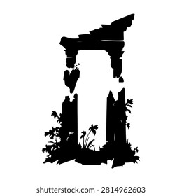 A silhouette of ancient ruins surrounded by lush tropical plants and trees, evoking a mysterious and historical atmosphere.