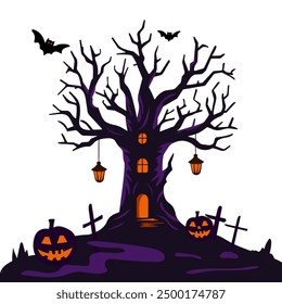 
Silhouette of an ancient spooky tree in the middle of a Halloween cemetery with headstones and graves, flying bats, spooky tree. Vector Halloween Isolated on white background. Holiday, party poster