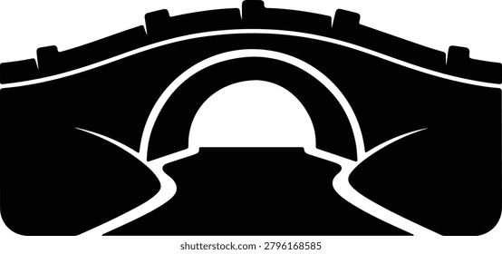 Silhouette of an ancient stone arch bridge over a river vector design