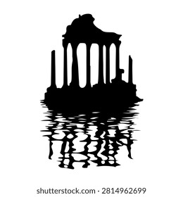 Silhouette of an ancient temple with columns reflected in water, creating a serene and historic atmosphere in black and white.