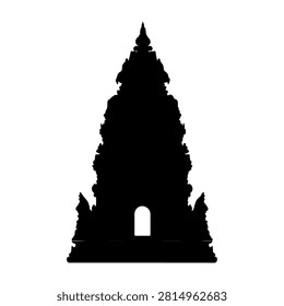 Silhouette of an ancient temple showcasing intricate architectural features and a prominent entrance, set against a plain white background.