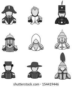 Silhouette ancient warrior and commander such as american, mongol, chinese, crusader, templar, knight icon collection set 1, create by vector 