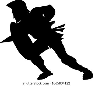 Silhouette of an ancient warrior holding a shield and broadsword. Vector illustration. 