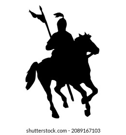 Silhouette of an ancient warrior knight rider on a horse with a flag. Vector illustration