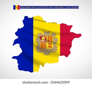 Silhouette of Andorra map filled with the Andorran flag design, symbolizing national pride, cultural heritage, and geographic uniqueness.  
