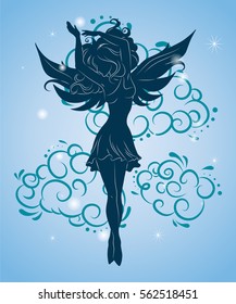 Silhouette of an angel against the background of blue clouds. Vector illustration