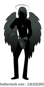Silhouette of angel with appearance and clothes of young man, great wings, hair fair, pouring water from one jug to another. Isolated on white background