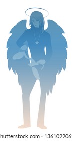 Silhouette of angel with appearance and clothes of young man, great wings, hair fair, pouring water from one jug to another. Isolated on white background