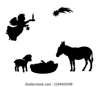 Silhouette angel babe lamb donkey and christmas star