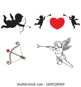 silhouette of angel & bow. Cupid angels. Silhouette of Cupids. Valentines day.