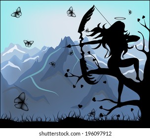 Silhouette of an angel with a bow on a background of mountains 