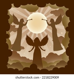 Silhouette angel celebrating christmas. Angel blows trumpet on Christmas Day. Merry Christmas Greeting Card