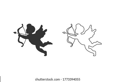 Silhouette of an angel, Cupid with a bow and arrows, isolated image. Vector illustration. Line icon set