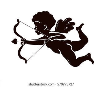 Silhouette angel, cupid or cherub with bow and arrow. Vector illustration