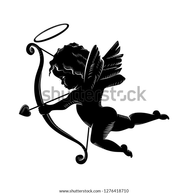 Silhouette of an angel, Cupid\
cherub with a bow and arrows, isolated image. Vector illustration\
EPS 10