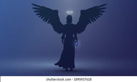 Silhouette of an angel in the dark with a bible in hand