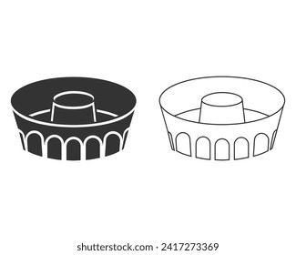 Silhouette of Angel Food Cake Pan line Icon sewt. Outline icon of round baking dish for airy sponge cake. Black illustration of mold for cooking dessert. Kitchenware symbol. Flat isolated vector