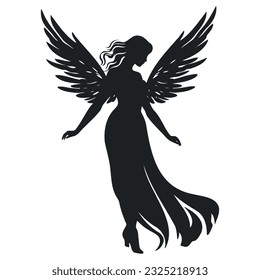 Silhouette of an angel girl with wings and in a dress