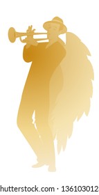 Silhouette of angel with great wings, wearing hat playing trumpet, isolated on white background