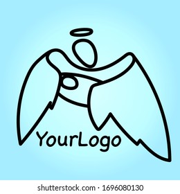 Silhouette of an angel holding a baby and protecting him with his wings. Baby safety concept. Outline vector illustration on gradient background.
