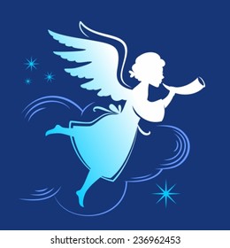 silhouette Angel with horn flying in the clouds
