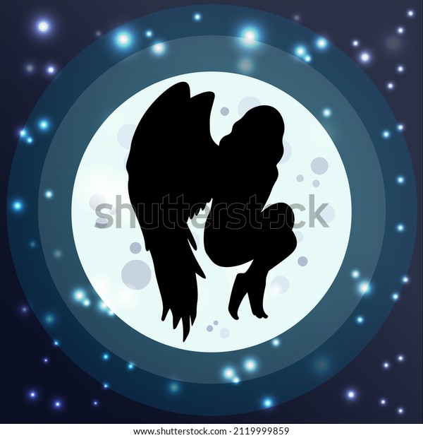 Silhouette of angel in moon light. Shadow of angel\
vector illustration. Woman with wings. Angel girl in moon light and\
night sky. Fetal position silhouette. Mythology and astrology\
concept. Pure angel